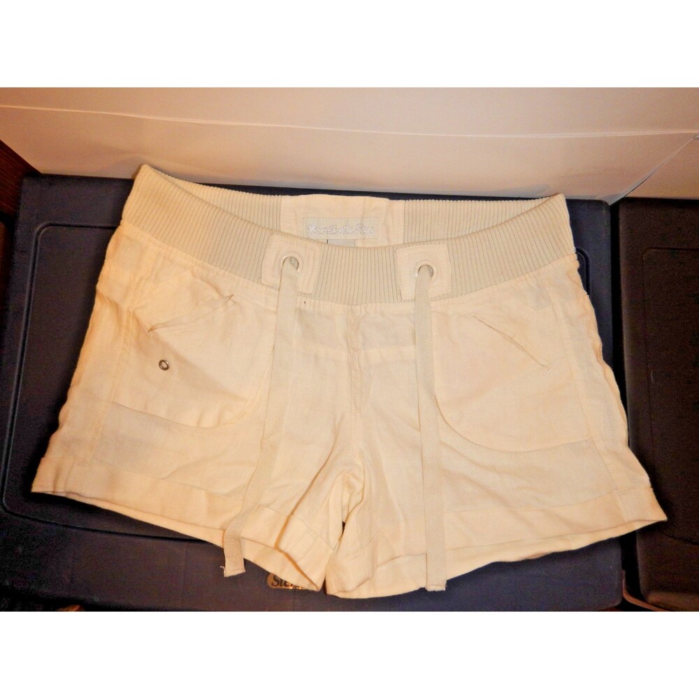 Vanilla Star Womens M 100% Linen Shorts Cream Drawstring Ribbed Waist Cuffed